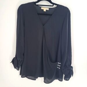Michael Kors black long sleeves semi sheer faux wrap blouse Size L New